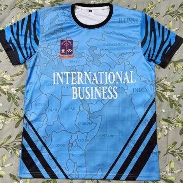 The official 2024 IB Football Team jersey featuring a world map design and the Department of International Business logo.
